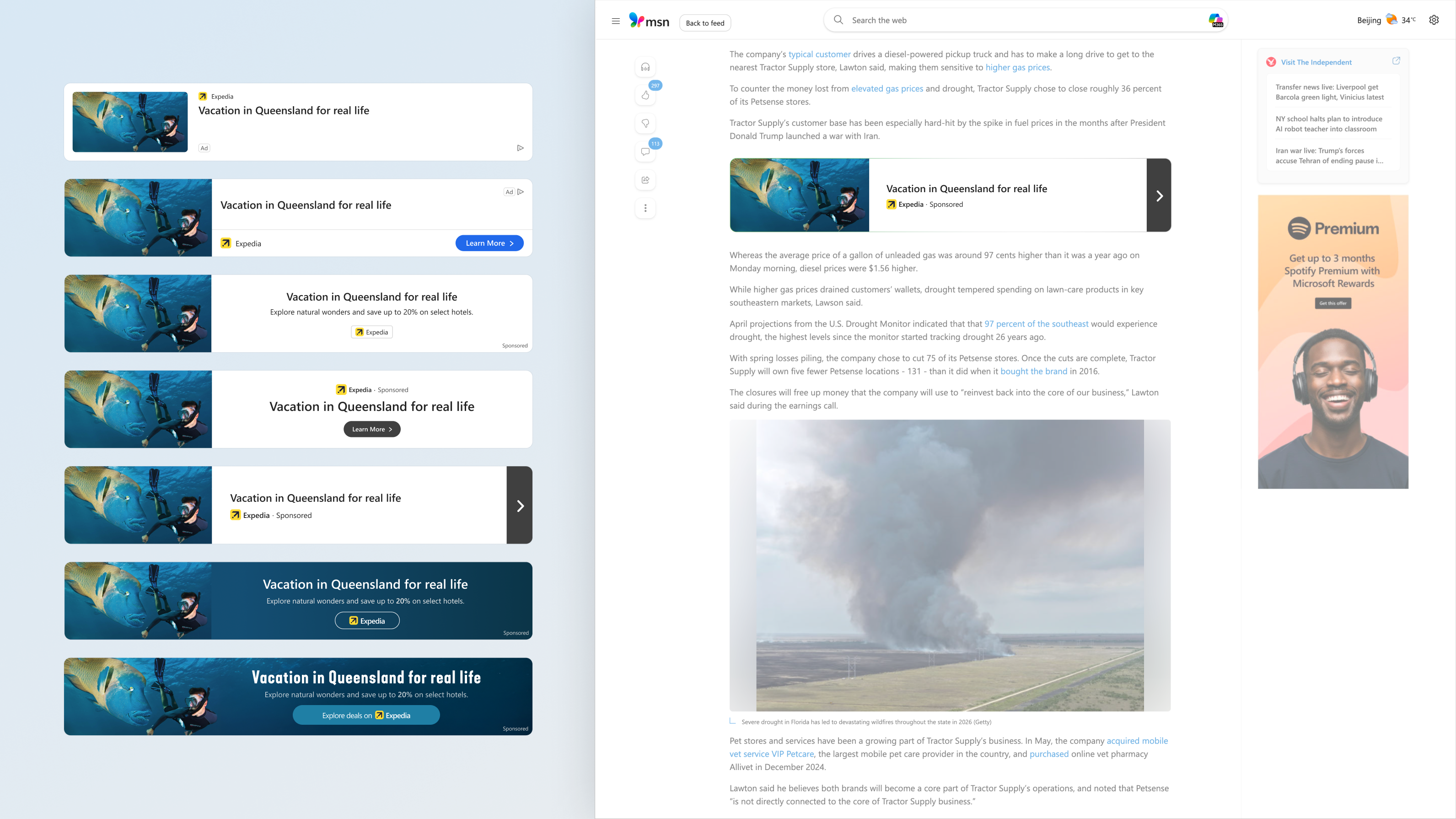 Ad template variations along the native to display spectrum, showing progression from simple native-style layouts that blend with editorial content on the left, to increasingly expressive display-style templates with enriched backgrounds, custom buttons, and prominent branding on the right